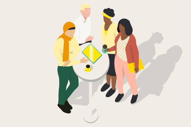 Eine Illustration einer vielfältigen Gruppe, die sich um einen Tisch zu einem Meeting versammelt, symbolisiert Teamarbeit, Inklusion und dynamische Zusammenarbeit.